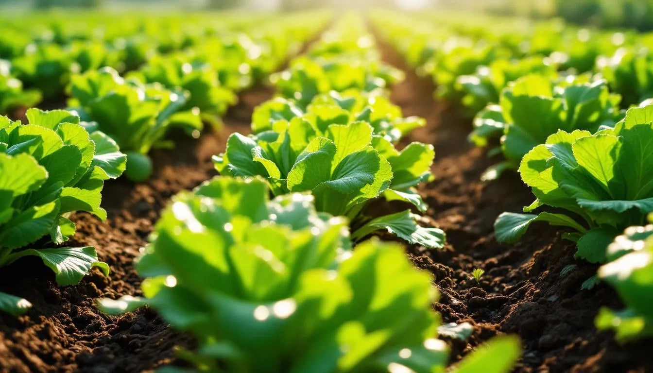 Lush rows of vibrant green lettuce plants flourishing in a sun-drenched garden