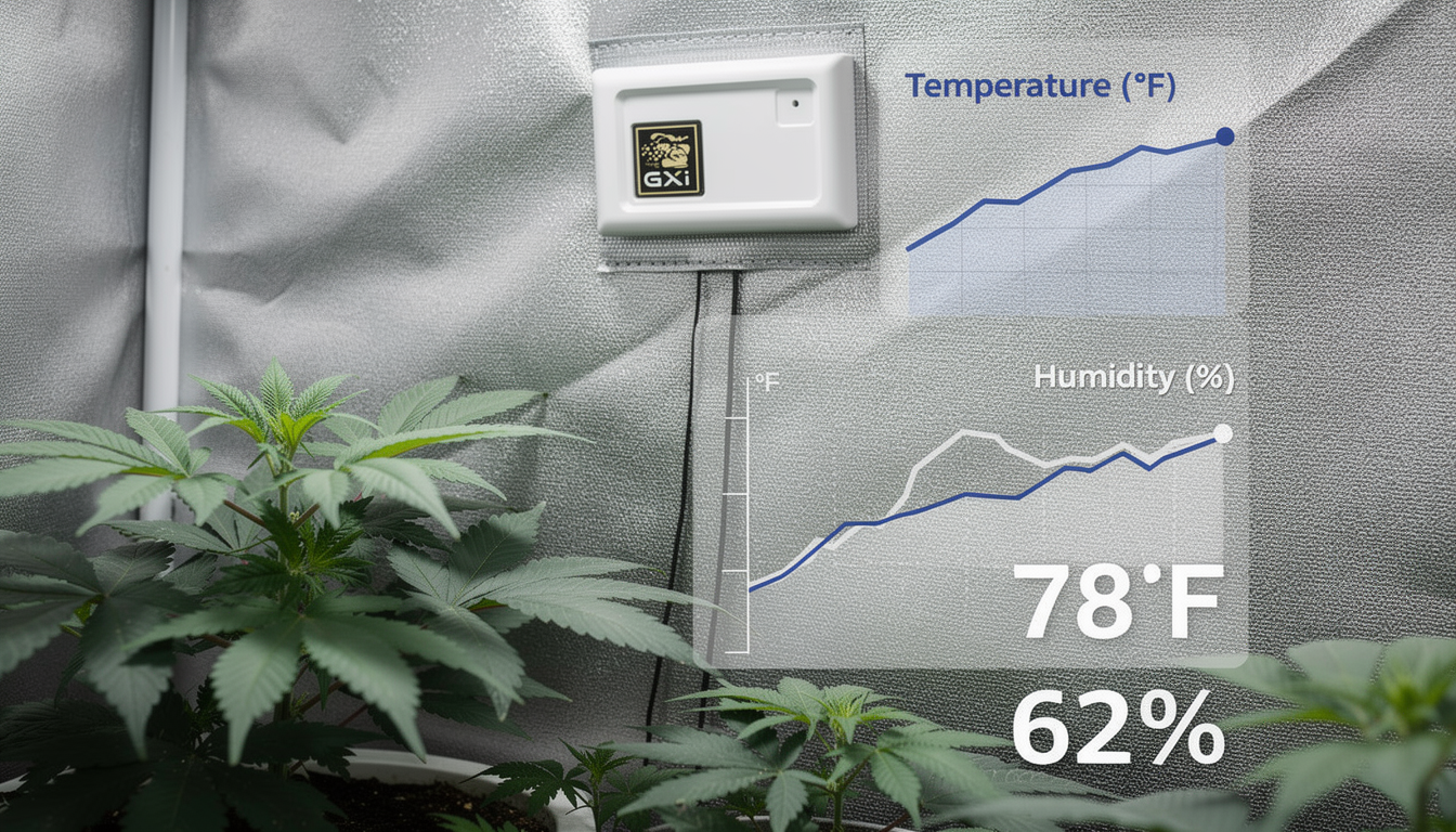 A wireless temperature and humidity sensor in a grow tent, with data visualizations overlaid.