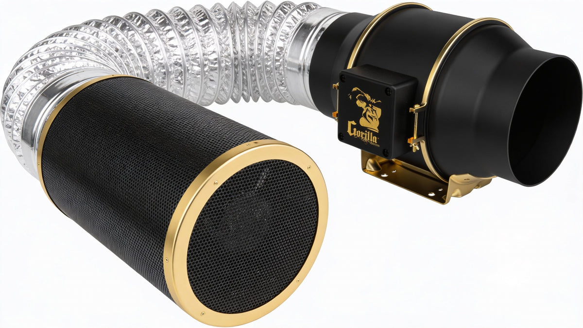 Complete inline fan and carbon filter ventilation system with aluminum ducting connection on white background