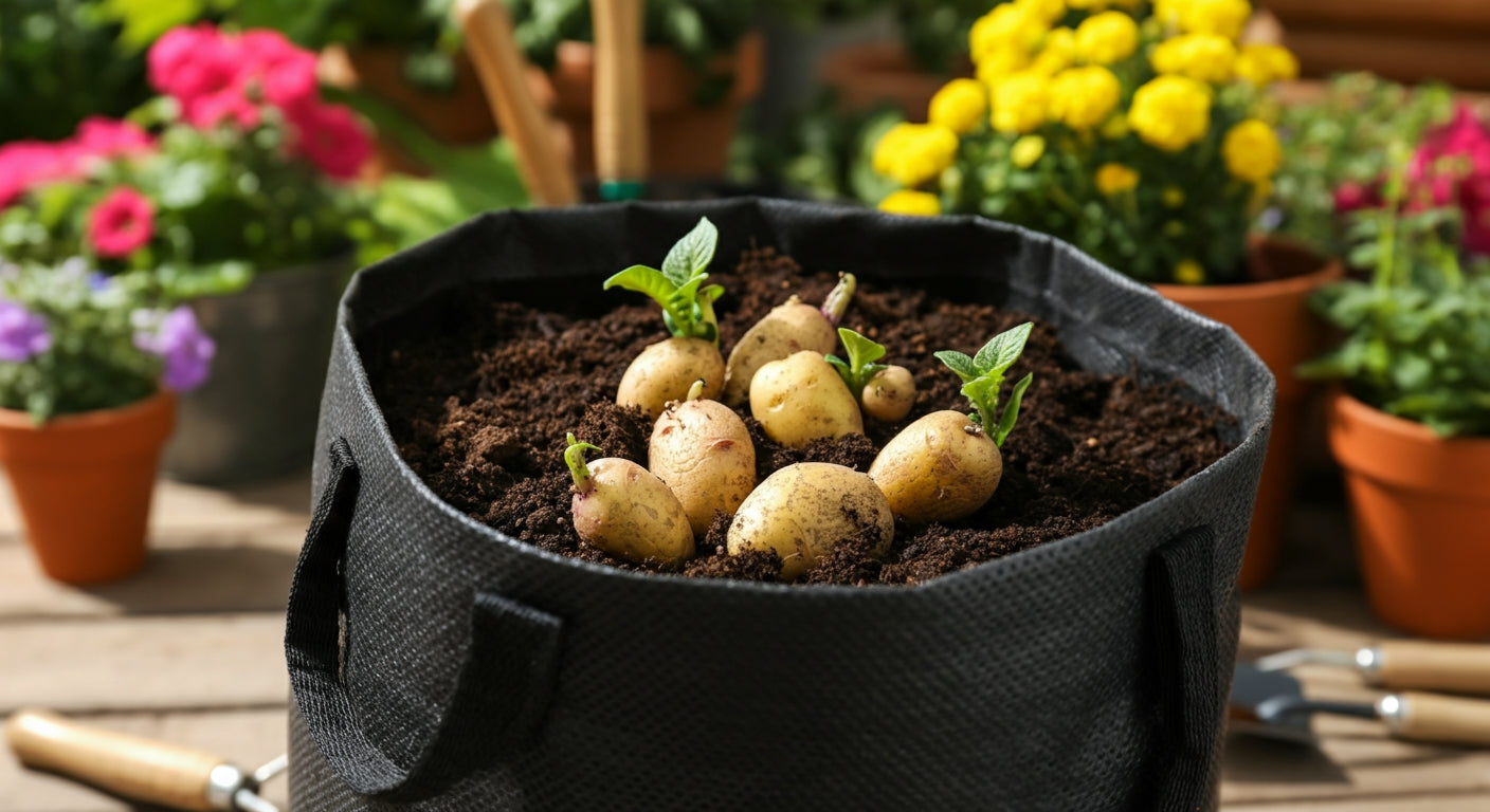  potatoes growing in a bag