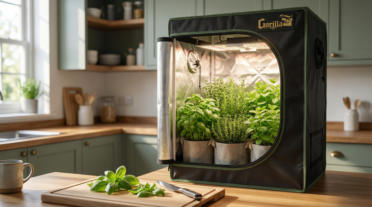 Indoor herb garden inside Gorilla Grow Tent — basil, rosemary, thyme