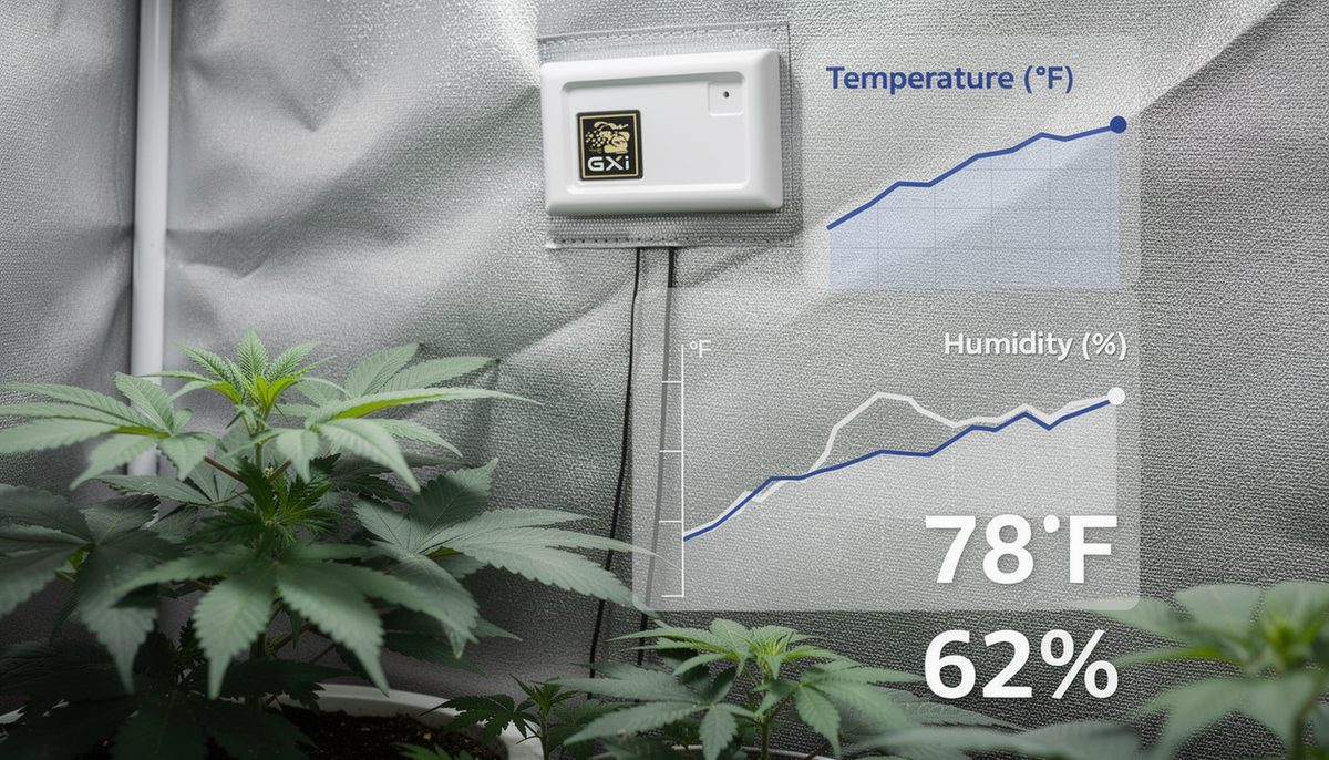 A wireless temperature and humidity sensor in a grow tent, with data visualizations overlaid.
