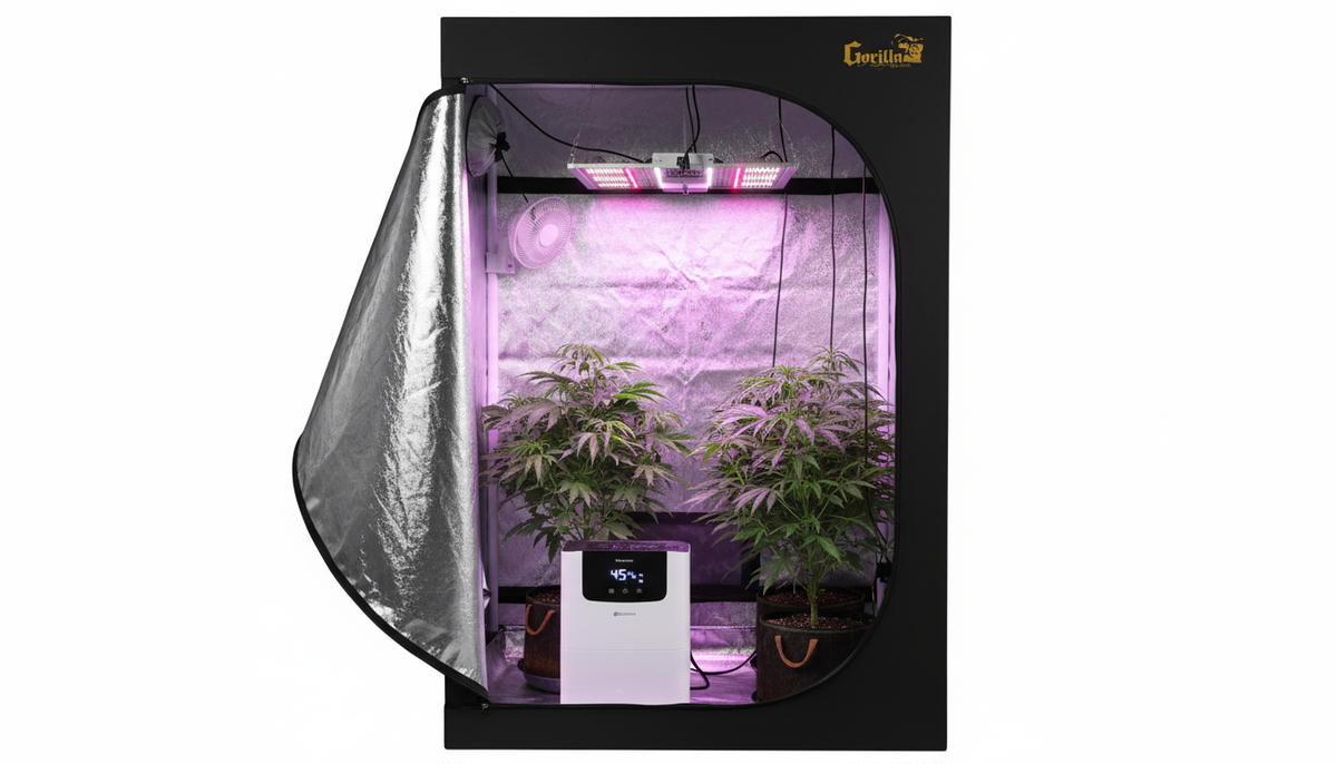 A dehumidifier running inside a Gorilla Grow Tent, ensuring optimal humidity for healthy plant growth.
