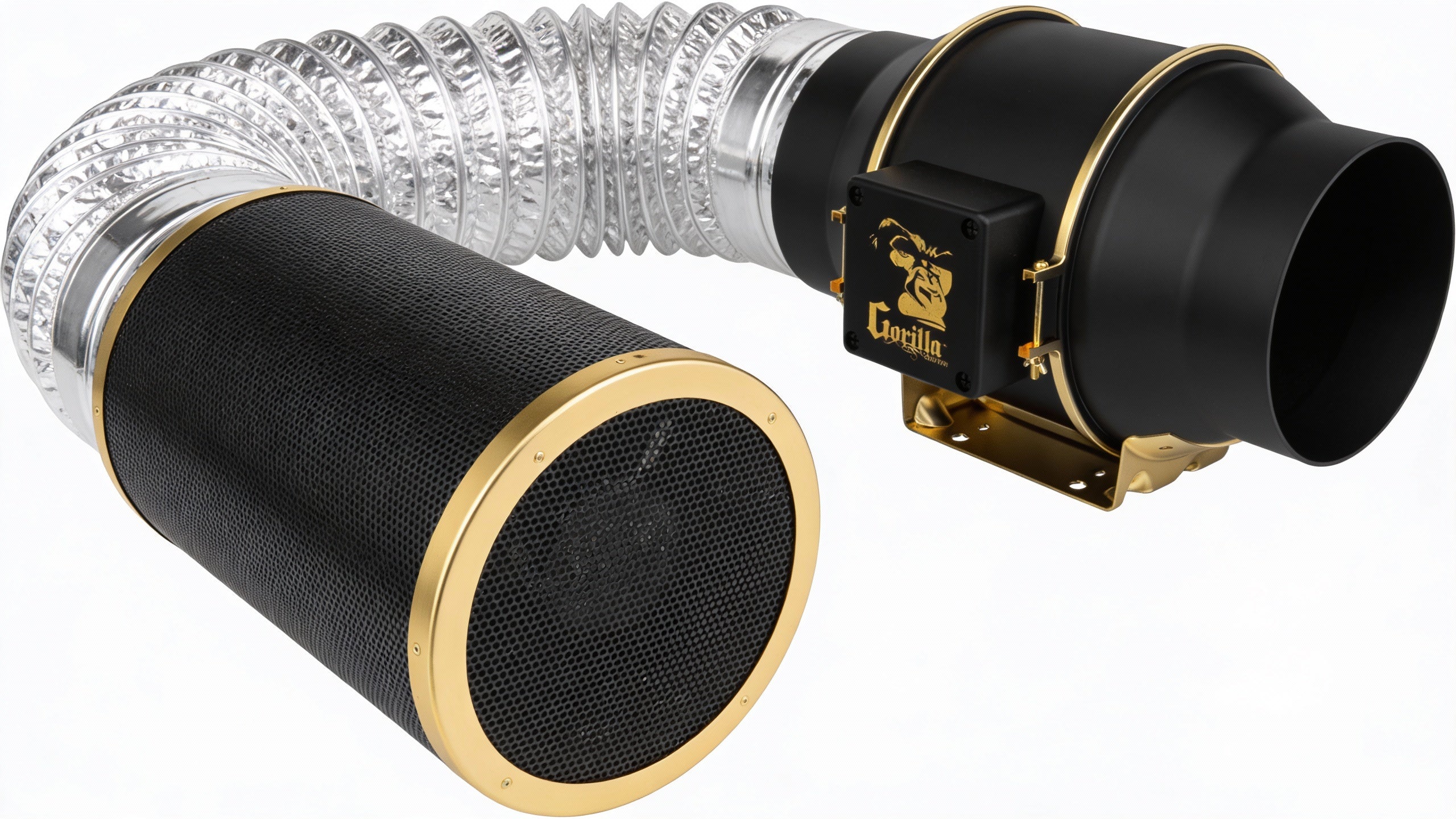 Complete inline fan and carbon filter ventilation system with aluminum ducting connection on white background