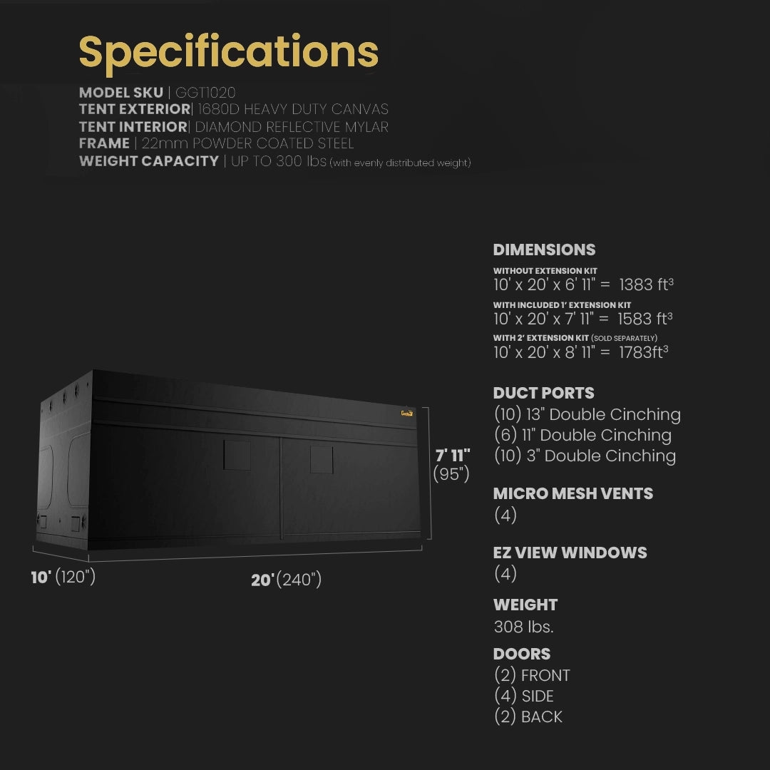 Large commercial grow tent 10x20 dimensions with height extension kit installed