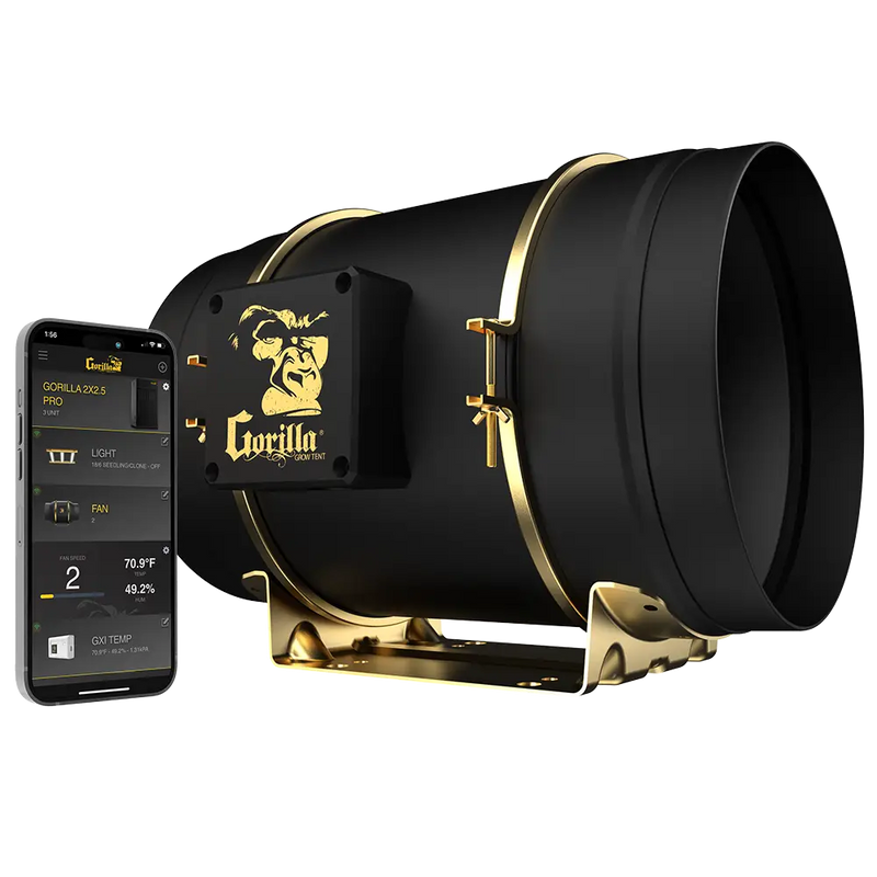 A black and gold 8 inch inline fan with a smartphone app interface displayed, indicating wireless control features.